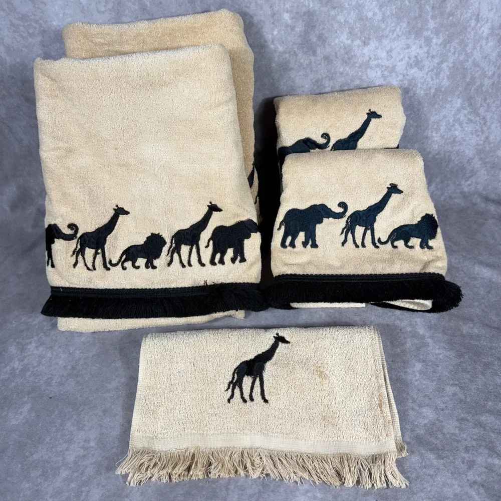 Vtg Avanti Safari Animal Embroidered Fringe Towel Set 5pc Beige Black Cotton USA